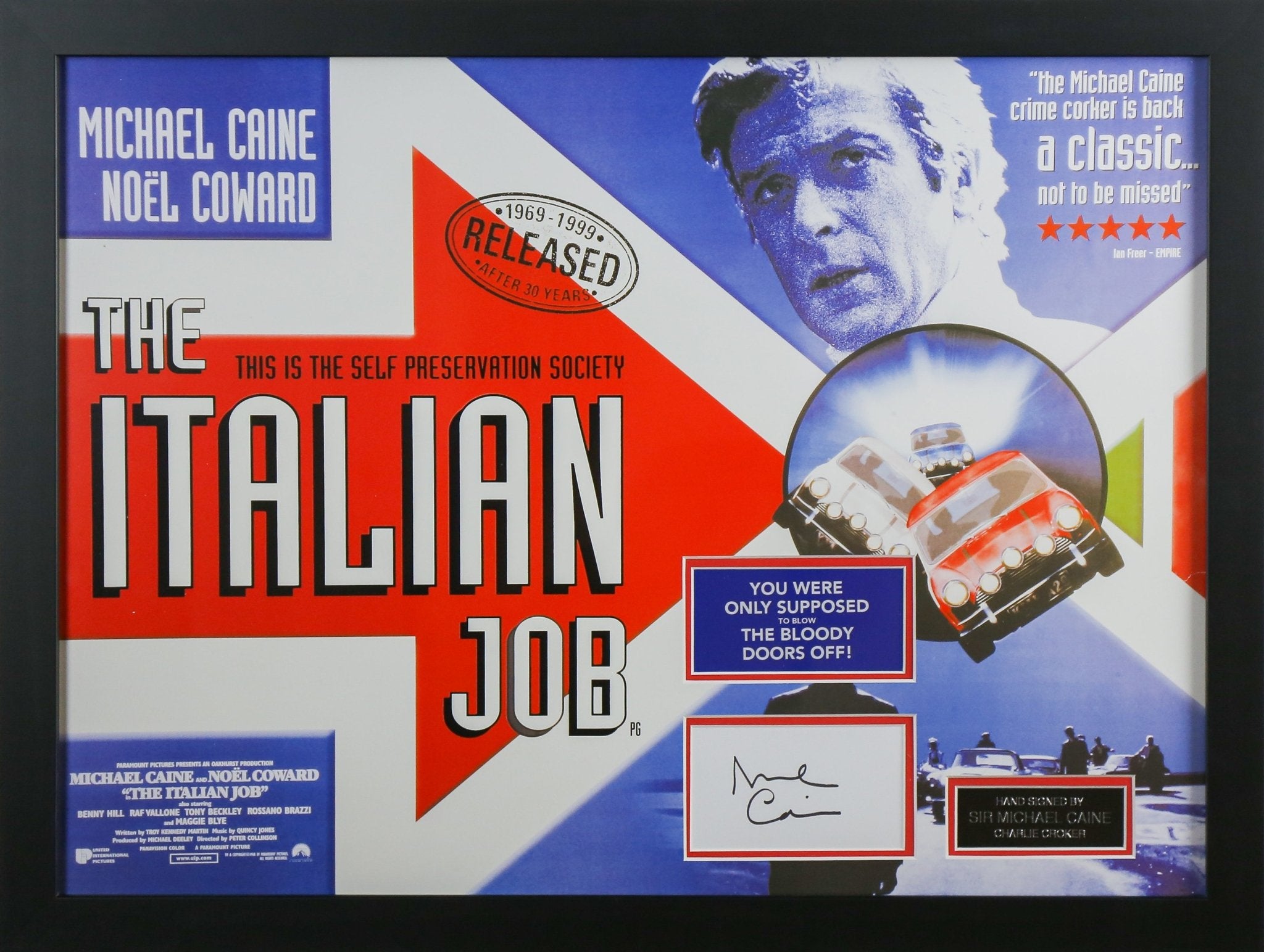 Michael Caine Signed Italian Job White card Framed Display - Memorabilia Framers Shop